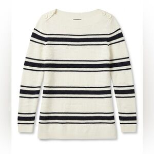 Talbots Cream and Black Striped Boatneck Sweater with Shoulder Buttons
